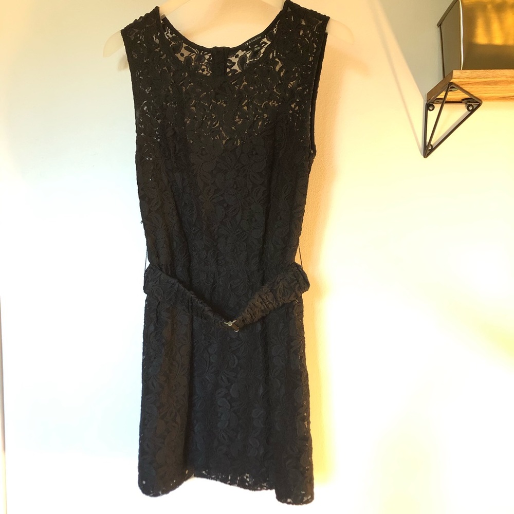 Belted, lace, black midi dress